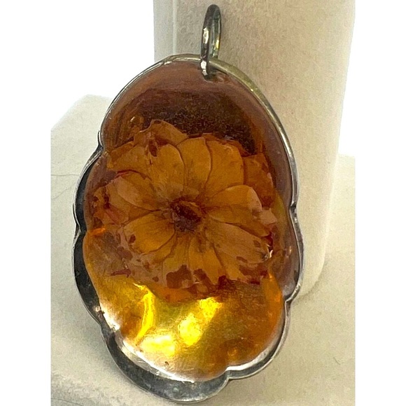 Handmade Vintage Silver Spoon Pendant W/ Amber Resin & Dried Flower A68 - Picture 2 of 6